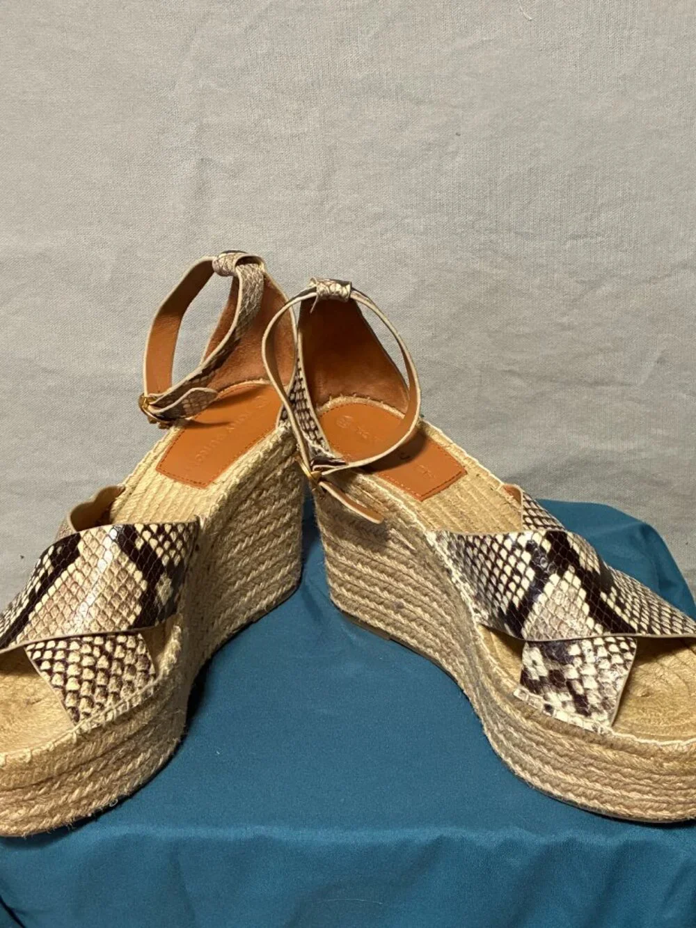 Tory Burch Women's Snakeskin Espadrille Wedge Sandals Size 7 Resort Boho Glam